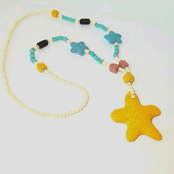 Starfish Lava/Howlite,Boho Statement Necklace,w/Yellow Pendant, Silvertone - Picture 1 of 9